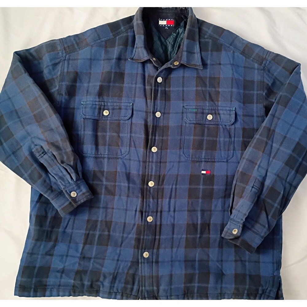 Tommy Hilfiger Flannel  Barn Jacket Mens XL Blue Plaid Quilted Lining Snap VTG
